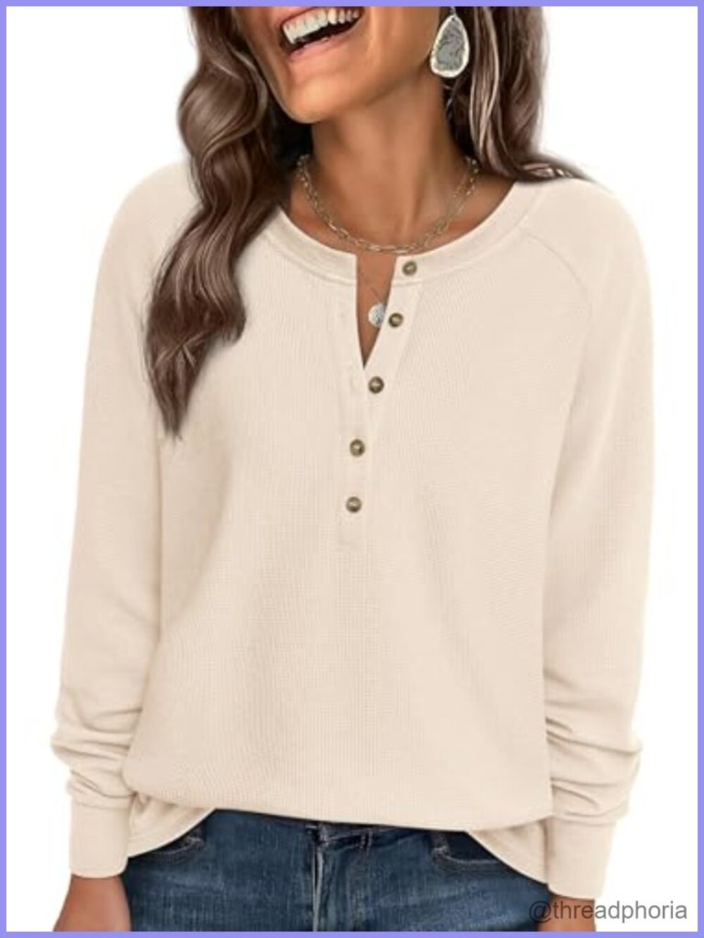 Waffle Knit Long Sleeve Henley Tunic Top Relaxed Fit Womens